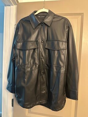 Zara Black Faux Leather Button-Front Jacket